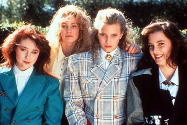 From left to right, Shannen Doherty, Lisanne Falk, Kim Walker and Winona Ryder on set of the film 'Heathers', 1988. (Photo by New World Pictures/Getty Images)